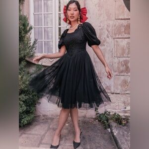 JessaKae "Rosie" Dress Black Puff Sleeve Embroidered Bow Detail Tull Size Medium
